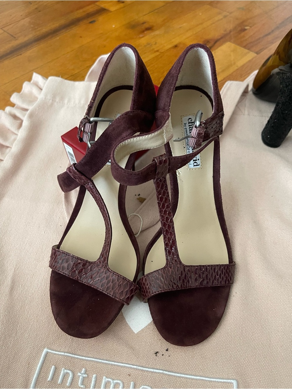 Charles David Burgundy T-Strap Suede & Textured Leather Heels
